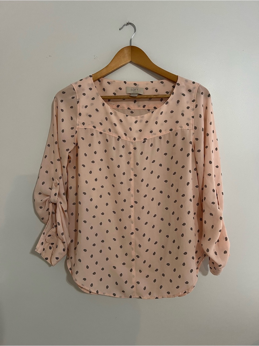 LOFT Blush Pink Paisley Dot Tie-Sleeve Blouse